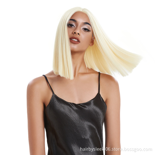 REBECCA NOBLE 14Inch Blonde Baby Pink Ombre Middle Part Over Shoulder Blunt Cut Short Bob Straight Hair Synthetic Lace Front Wig